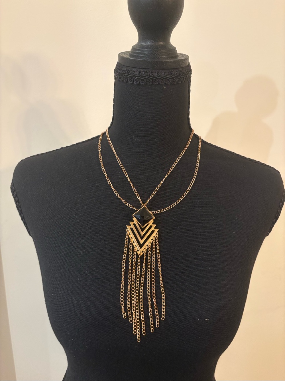 Gold-tone and Black Layered Fringe Pendant Necklace - Women Jewelry